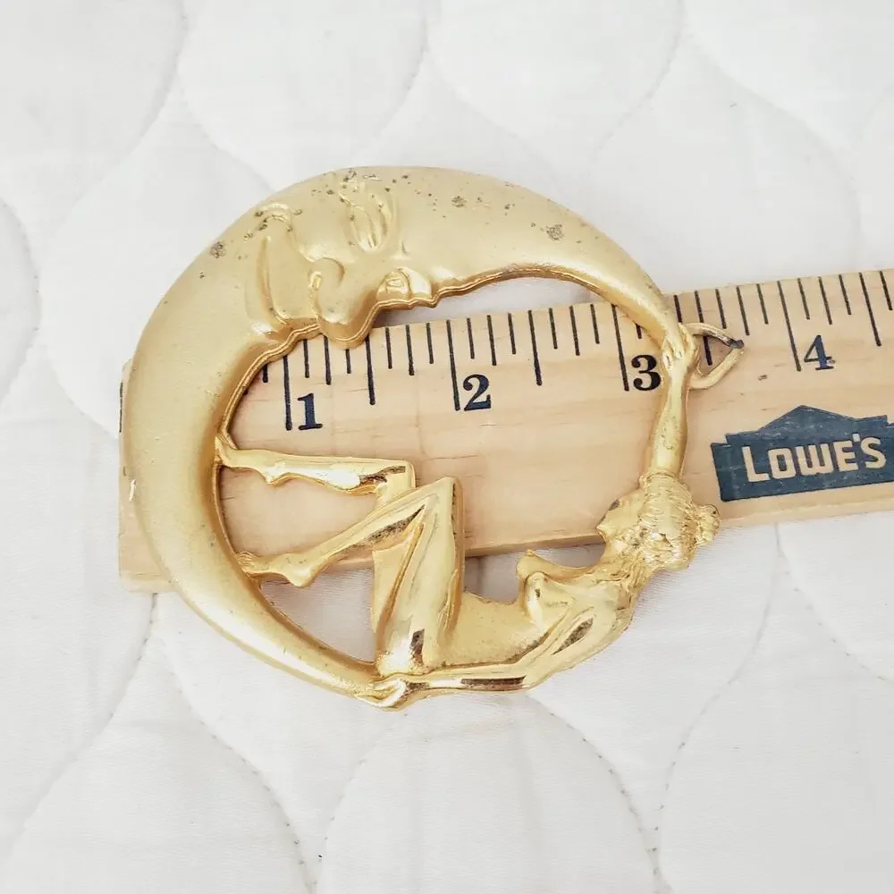 1979 Bergamot Gold Brass Works Crescent Moon & Nude Woman Pendant Belt USA RARE